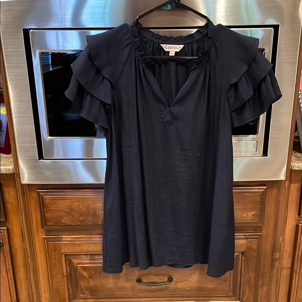 Nannette Navy Ruffled Blouse with V-Neck